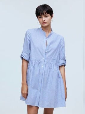 Madewell Button-Front Gathered Mini Dress in Stripe Poplin, Indigo/White, Small